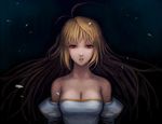  archetype_earth arcueid_brunestud bare_shoulders blonde_hair breasts cleavage detached_sleeves dress kuroi large_breasts long_hair red_eyes solo strapless strapless_dress tsukihime 