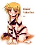  barefoot blonde_hair blush fate_testarossa happy_valentine kusakami_akira long_hair lyrical_nanoha mahou_shoujo_lyrical_nanoha_strikers naked_ribbon nude ribbon solo valentine 