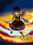  brown_dress cloud cloudy_sky dress feathered_wings flying frills full_body hat head_wings long_sleeves mob_cap mystia_lorelei sky solo sunlight sunset takanashi_minato touhou wings 