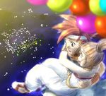  1girl aerial_fireworks balloon chrono_trigger crono fireworks holding hug lowres marle ponytail sandals spiked_hair 