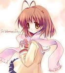  antenna_hair box brown_hair clannad furukawa_nagisa heart-shaped_box hikarizaka_private_high_school_uniform paco pink_scarf scarf school_uniform solo valentine 