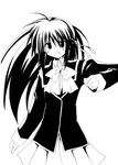  akane_souichi arm_at_side blazer bow bowtie clenched_hand cowboy_shot greyscale jacket little_busters! long_hair looking_at_viewer miniskirt monochrome natsume_rin pleated_skirt simple_background skirt sleeve_cuffs solo very_long_hair white_background 