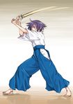  bamboo_blade barefoot blue_eyes blue_hakama feet hakama japanese_clothes kawazoe_tamaki kendo purple_hair satou_atsuki shinai short_hair solo sword weapon 