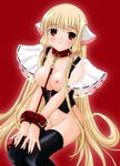  belt blonde_hair bottomless breasts brown_eyes chii chobits choker collarbone corset count_zero cross-laced_clothes cuffs groin hair_tubes hands_together headgear long_hair looking_at_viewer medium_breasts nipples red_background see-through sidelocks sitting solo thighhighs v_arms very_long_hair 