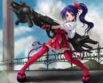  adapted_uniform blue_hair gloves gun hakama japanese_clothes miko original phase ponytail red_eyes red_hakama solo thighhighs weapon 