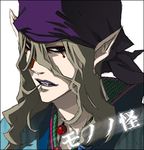  angry artist_request avatar_icon bandana blonde_hair copyright_name face facepaint hair_between_eyes hair_in_mouth japanese_clothes jewelry kimono kusuriuri_(mononoke) looking_at_viewer lowres makeup male_focus mononoke necklace pointy_ears profile solo 