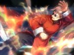  1boy aura black_border border changpao chinese_clothes clenched_hand fate/grand_order fate_(series) fighting_stance grey_hair highres li_shuwen_(fate) older railing sunglasses 
