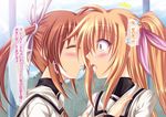  blonde_hair blush closed_eyes fate_testarossa hair_tie lyrical_nanoha mahou_shoujo_lyrical_nanoha mahou_shoujo_lyrical_nanoha_a's multiple_girls red_hair school_uniform seishou_elementary_school_uniform serafuku surprised takamachi_nanoha translated twintails uminchu 