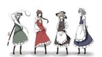  apron ascot black_dress blonde_hair blue_dress bow brown_hair detached_sleeves dress floating frills full_body ghost green_dress hair_bow hair_tubes hakurei_reimu hat hitodama izayoi_sakuya kajiki katana kirisame_marisa konpaku_youmu konpaku_youmu_(ghost) legs_apart long_sleeves looking_at_viewer maid_headdress multiple_girls oekaki puffy_sleeves red_bow red_dress ribbon-trimmed_sleeves ribbon_trim sheath sheathed short_hair sidelocks silver_hair simple_background standing sword touhou waist_apron weapon white_background witch_hat 