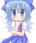  blue_dress blue_eyes blue_hair blush bow cirno dress finger_in_mouth geetsu ice ice_wings oekaki pout short_hair short_sleeves solo touhou white_background wings 