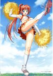  breasts cheerleader copyright_request covered_nipples high_kick highres kicking large_breasts panties pom_poms pubic_hair red_hair socks solo taki_minashika underwear upskirt 