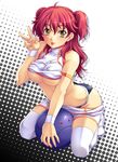  bad_haro blush breasts freckles gundam gundam_00 haro large_breasts nagayori nena_trinity panties red_hair solo thighhighs tongue underboob underwear undressing v yellow_eyes 