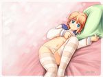  bed blue_eyes blush bow bow_panties braid hair_bobbles hair_ornament highres kanisawa_kinu long_sleeves lying navel no_pants on_back orange_hair orange_panties panties pillow ryp school_uniform serafuku shirt_lift short_hair solo striped striped_legwear striped_panties thighhighs tsuyokiss underwear wallpaper 