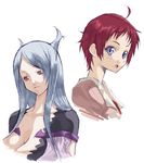  ahoge breasts cleavage closed_mouth dragonaut eyebrows large_breasts long_hair machina multiple_girls open_mouth purple_eyes red_eyes red_hair short_hair silver_hair simple_background souya_akira takano_natsuki upper_body white_background 