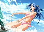  :d ameiro_no_kisetsu armpits bandeau bikini blue_hair breasts brown_eyes cleavage cloud covered_nipples day dutch_angle floating_hair from_side front-tie_top game_cg hair_ribbon happy long_hair looking_afar lowres medium_breasts navel ocean one_side_up open_mouth outdoors outstretched_arms pink_bikini ribbon shiny shiny_hair side-tie_bikini sky smile solo standing swimsuit wading water wide_hips yagami_yuuko yamane_masahiro 