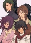  allelujah_haptism black_hair brown_eyes brown_hair glasses green_eyes gundam gundam_00 kouga_yun lockon_stratos lowres multiple_boys official_art purple_hair red_eyes setsuna_f_seiei tieria_erde 