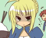  1girl ahoge aoi_tobira artoria_pendragon_(all) blonde_hair chibi chopsticks emiya_shirou fate/stay_night fate_(series) food green_background green_eyes rice saber simple_background 