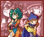  :d alena_(dq4) asymmetrical_clothes belt bent_over blue_eyes blue_leotard blush cape circlet curly_hair dragon_quest dragon_quest_iv dress earrings flat_chest gem gloves green_hair hand_on_hip hat heroine_(dq4) jewelry leotard long_hair lowres multiple_girls open_mouth orange_hair pantyhose red_eyes short_dress short_hair skirt smile standing sword thigh_strap weapon yellow_skirt zoom_layer 