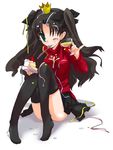  aqua_eyes black_hair black_legwear cake crown fate/stay_night fate_(series) food fork glass hair_ribbon hizuki_yayoi long_hair long_legs looking_at_viewer mouth_hold no_pupils one_eye_closed pastry pinky_out ribbon sitting skirt solo thighhighs toosaka_rin two_side_up white_background 