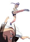  blue_buruma buruma crossed_arms go_robots gym_uniform high_kick kicking multiple_girls original red_buruma shirt shoe_soles shoes simple_background striped striped_legwear thighhighs white_shirt 