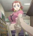  bamboo_blade blue_eyes breasts huge_breasts indoors lips looking_at_viewer midriff navel nishikawa_carrie out_of_frame pink_shirt pov pov_hands screencap shirt short_hair solo_focus stitched third-party_edit 