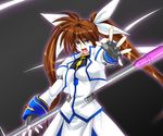  :d artist_request black_gloves brooch collar cowboy_shot dress fingerless_gloves gem gloves jacket jewelry long_hair looking_at_viewer lyrical_nanoha magical_girl mahou_shoujo_lyrical_nanoha_strikers open_clothes open_jacket open_mouth outstretched_arm purple_eyes raising_heart red_hair smile solo standing takamachi_nanoha twintails uniform v-shaped_eyebrows very_long_hair white_devil white_dress 