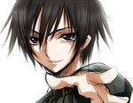  bangs black_hair code_geass eyebrows_visible_through_hair foreshortening hair_between_eyes kooriyama_ichirou lelouch_lamperouge looking_at_viewer male_focus outstretched_arm parted_lips purple_eyes simple_background sketch smile solo thick_eyebrows uniform upper_body white_background 