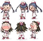  :3 aika_granzchesta akira_ferrari amano_kozue angry aria blue_hair bow braid brown_hair chibi earrings hat himeya_company_uniform jewelry long_hair lowres multiple_girls open_mouth outstretched_hand pointing shoes side_slit sketch twin_braids uniform very_long_hair 