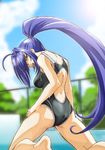  ahoge artist_request ass blue_eyes blue_hair blurry breasts competition_school_swimsuit competition_swimsuit depth_of_field diving_block from_behind hair_intakes hand_on_thigh hayase_mitsuki kimi_ga_nozomu_eien kneeling large_breasts long_hair looking_back one-piece_swimsuit ponytail smile solo spread_legs swimsuit very_long_hair wet 