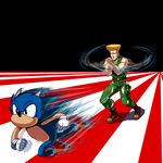  belt blonde_hair boots camouflage capcom crossover furry gloves guile masao multiple_boys no_mouth object_namesake pun simple_background sonic sonic_boom sonic_the_hedgehog speed_lines street_fighter too_literal 