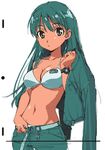  belt bikini_top green_hair jacket jacket_over_shoulder midriff original solo takamura_kazuhiro 