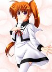  dress lask long_hair lyrical_nanoha mahou_shoujo_lyrical_nanoha mahou_shoujo_lyrical_nanoha_a's purple_eyes red_hair school_uniform seishou_elementary_school_uniform side_ponytail solo sweatdrop takamachi_nanoha thighhighs 