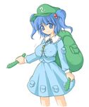  backpack bag blue_eyes blue_hair blush_stickers breasts covered_nipples cucumber hair_bobbles hair_ornament hat kawashiro_nitori large_breasts miyata_gakuman simple_background solo touhou two_side_up 