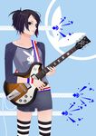  black_eyes black_hair guitar hamada_youho instrument original raglan_sleeves short_hair shorts solo striped striped_legwear thighhighs 