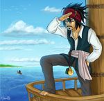  bags_under_eyes barefoot blue_sky boat cloud cloudy_sky cosplay crossover day death_note facial_hair hani7 headband horizon jack_sparrow jack_sparrow_(cosplay) l_(death_note) male_focus multiple_boys mustache ocean parody pirate pirate_costume pirate_ship pirates_of_the_caribbean ryuk shinigami signature sky watercraft yagami_light 