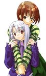  brown_eyes brown_hair earrings fate/stay_night fate_(series) fujimura_taiga hug hug_from_behind illyasviel_von_einzbern jewelry kabocha_(monkey4) long_hair multiple_girls red_eyes short_hair silver_hair smile strap_slip v_arms 