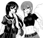  abs babydoll_t-shirt crop_top greyscale kaibutsu_oujo kamura_reiri kooriyama_ichirou long_hair midriff monochrome multiple_girls neckerchief paws riza_wildman school_uniform short_hair 