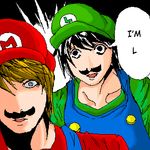  artist_request bags_under_eyes black_eyes black_hair brown_hair cosplay crossover death_note english facial_hair grey_eyes i_am_l l_(death_note) lowres luigi luigi_(cosplay) male_focus mario mario_(cosplay) mario_(series) multiple_boys mustache open_mouth overalls parody single_letter speech_bubble super_mario_bros. what wide-eyed yagami_light 