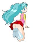  90s ass bad_id bad_pixiv_id blue_eyes earrings green_hair hokoro jewelry mahou_no_angel_sweet_mint mint_(sweet_mint) no_panties pink_vest solo star star_earrings twintails vest 