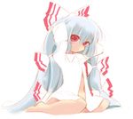  adjusting_hair arms_up bangs barefoot blush bottomless bow collared_shirt dress_shirt fujiwara_no_mokou full_body grey_hair groin hair_bow jpeg_artifacts long_hair long_sleeves looking_at_viewer lowres midriff multi-tied_hair red_eyes shirt simple_background sitting solo touhou tying_hair usoneko very_long_hair white_background white_bow white_shirt yokozuwari 