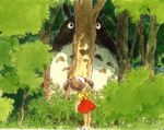  artist_request back brown_hair bush child foliage forest grass green hair_bobbles hair_ornament hiding kusakabe_mei leaning_forward legs_together long_hair looking_at_another nature outdoors puffy_short_sleeves puffy_sleeves red_skirt shirt shoes short_sleeves skirt standing suspender_skirt suspenders tonari_no_totoro totoro tree twintails white_footwear yellow_shirt 