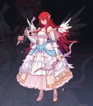  1girl arrow bow_(weapon) bride dress faithom fire_emblem fire_emblem:_kakusei fire_emblem_heroes full_body hair_ornament high_heels highres holding holding_arrow holding_bow_(weapon) holding_weapon long_hair nintendo one_eye_closed open_mouth red_eyes red_hair see-through sleeveless sleeveless_dress solo standing tiamo weapon wedding_dress white_dress wing_hair_ornament 