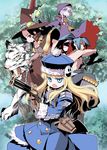  3girls bushidou_(sekaiju) curse_maker doctor_magus gun gunner hat jack_frost multiple_girls pet_(sekaiju) sekaiju_no_meikyuu takahata_yuki tiger weapon 