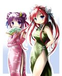  bare_shoulders blue_eyes blush breasts china_dress chinese_clothes crescent crescent_hair_ornament dress duplicate elbow_gloves gloves hair_bun hair_ornament hong_meiling large_breasts medium_breasts morogami_ryou multiple_girls patchouli_knowledge pink_gloves purple_eyes purple_hair red_hair side_slit smile touhou 