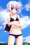  bikini book bookmark cloud crossed_arms day flat_chest navel noto_(soranoto) original purple_eyes purple_hair short_hair sky solo swimsuit 