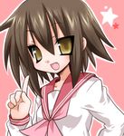  brown_hair fang kooriyama_ichirou kusakabe_misao lowres lucky_star open_mouth pink_neckwear ryouou_school_uniform school_uniform serafuku short_hair yellow_eyes 