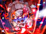  :d blush crossed_arms dress fang hat looking_at_viewer magic mob_cap open_mouth purple_hair queen_qko red red_eyes remilia_scarlet short_hair smile solo touhou upper_body v-shaped_eyebrows white_dress wrist_cuffs 