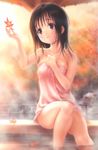  autumn autumn_leaves brown_hair goto_p leaf maple_leaf naked_towel onsen original outdoors red_eyes solo sunny_(goto_p) towel wet 