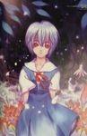  ayanami_rei blue_hair cherry_blossoms flower forest highres kiran nature neon_genesis_evangelion red_eyes school_uniform short_hair solo 