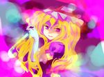  blonde_hair dress elbow_gloves gloves hat holding long_hair mob_cap puffy_short_sleeves puffy_sleeves purple_dress queen_qko shaded_face short_sleeves smile solo touhou umbrella upper_body white_gloves yakumo_yukari 